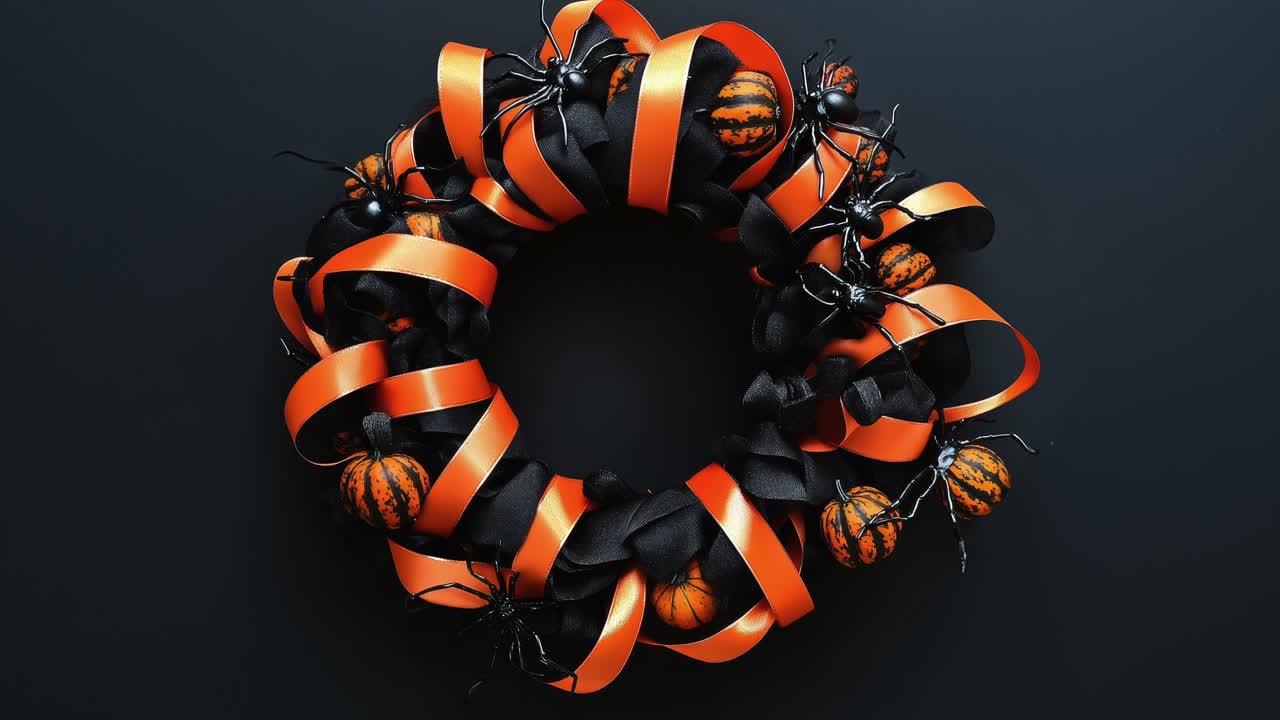 corona de halloween con cintas de naranja y arañas decorativas