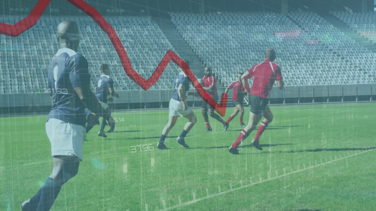 스포츠 스타디움에서 럭비 경기 중 럭비 선수에 대한 빨간 선의 애니메이션과 데이터 처리