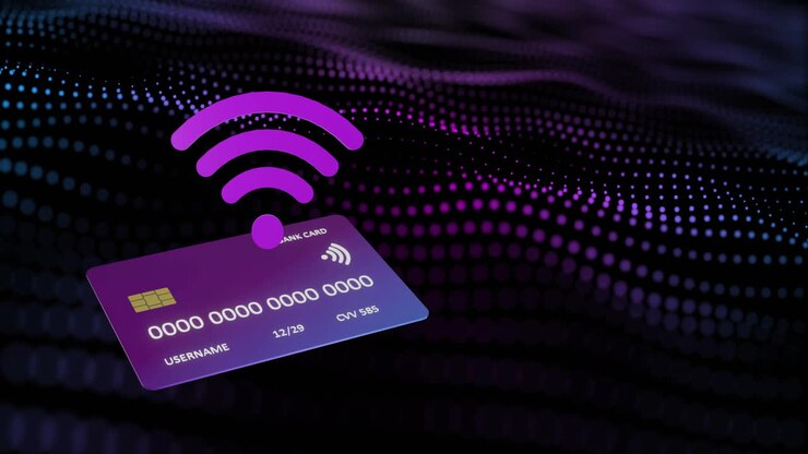 Animazione di carta di credito e icone Wi-Fi su sfondo nero.