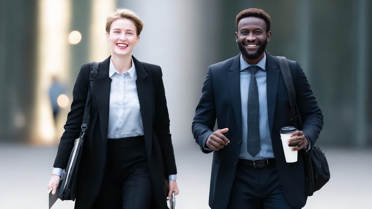Un duo dinamico in abbigliamento da lavoro: due professionisti che si godono una giornata luminosa al lavoro, incarnando fiducia e collaborazione mentre camminano insieme.