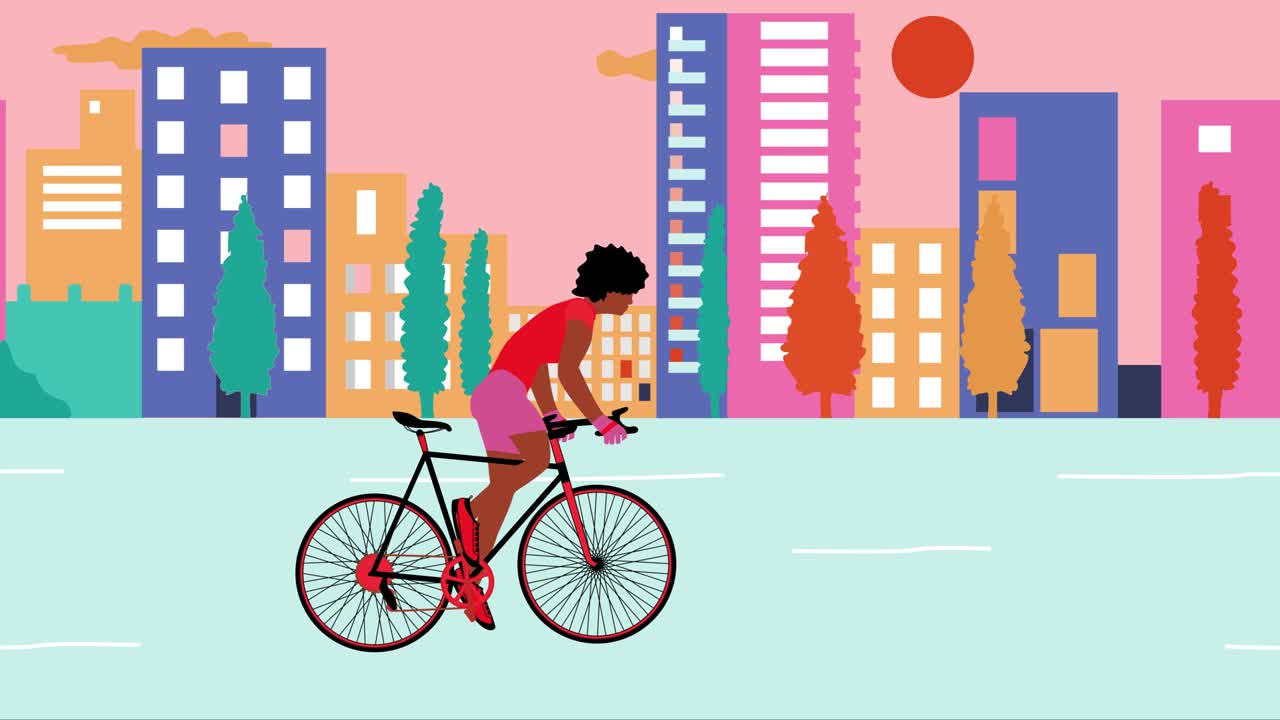 아프리카계 미국인 여성 자전거 타는 여성이 해가 지는 동안 여름에 빈 도시에서 자전거를 타고 있습니다. 만화 애니메이션, 평평한 디자인, 루프 4k