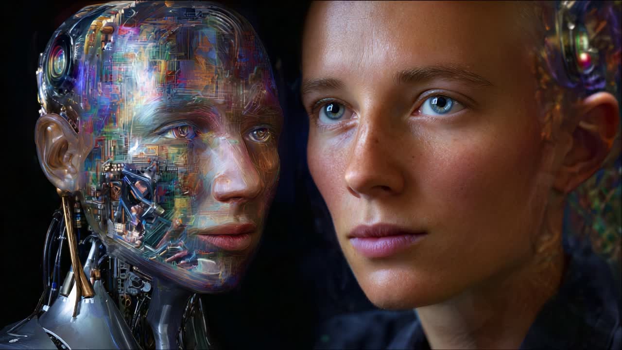 Esplorando l'intersezione tra umanità e tecnologia: uno sguardo futuristico a una forma ibrida robotica e umana con un'intensa profondità emotiva