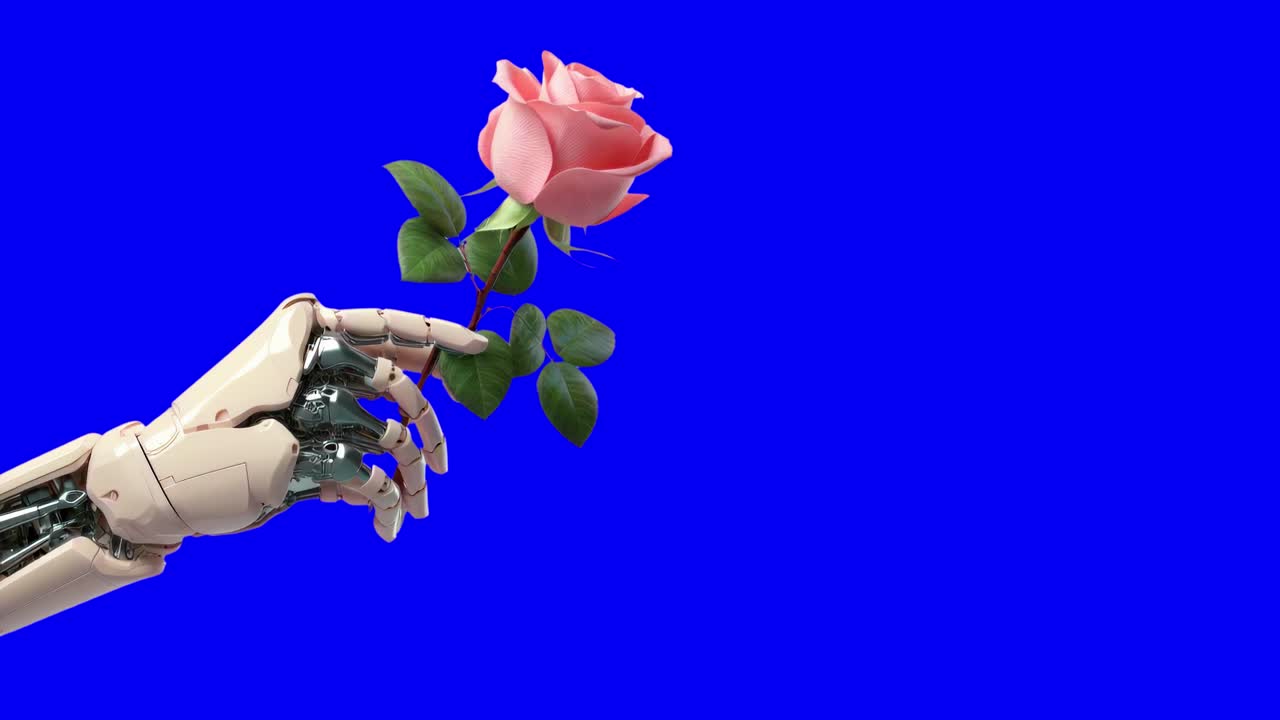 Robot hand holding rose animation, transparent 4K video, green screen