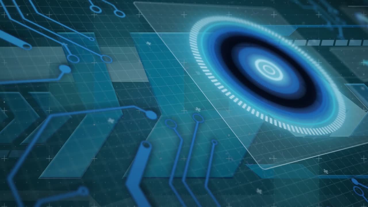 animación del escaneo del alcance y el procesamiento de datos en pantallas sobre una placa de circuitos informáticos