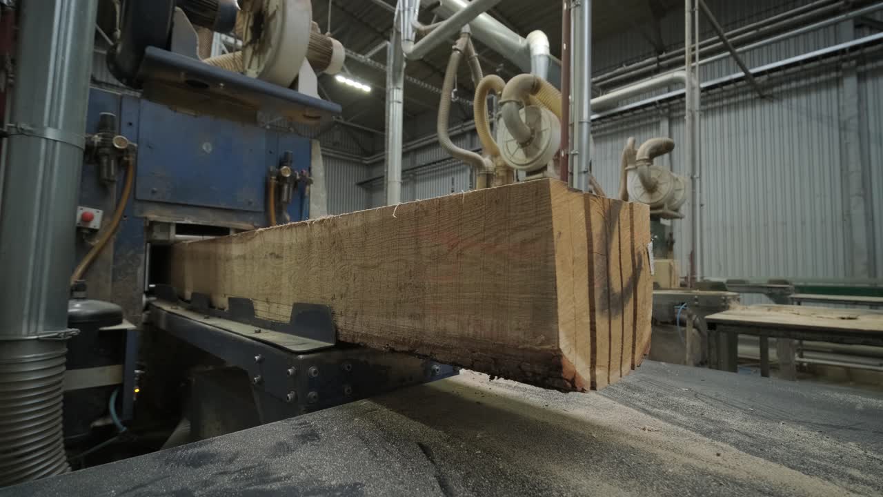 Large Wooden Beam Moving Through Sawmill Machine