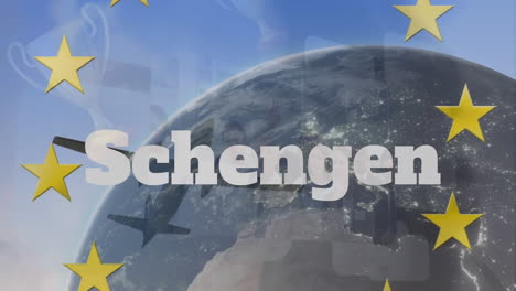 animation of globe and schengen text over ue flag