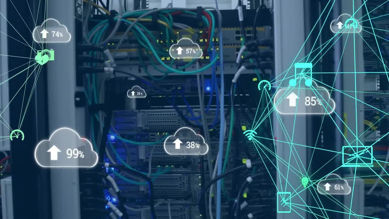 Animation of multiple cloud icons with increasing percentage against close up of computer server