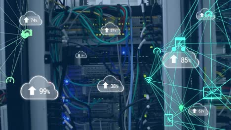 animation of multiple cloud icons with increasing percentage against close up of computer server