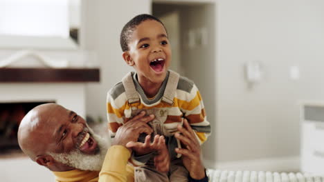 playing, grandfather and kid laughing on sofa