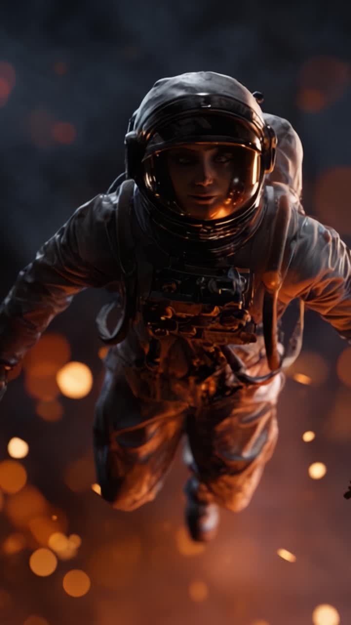 Astronaut Accelerating Through a Fiery Environment with a Determined Expression in a Visually Engaging Sci-Fi Scene Highlighting Adventure and Exploration