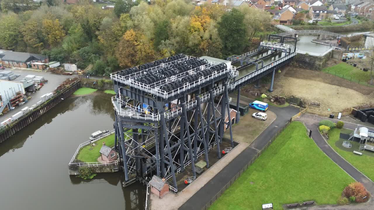 Industrial Victorian Anderton canal boat lift Aerial view River Weaver slow descend