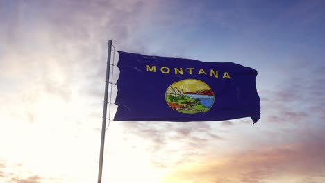 state flag of montana waving in the wind. dramatic sky background. 4k