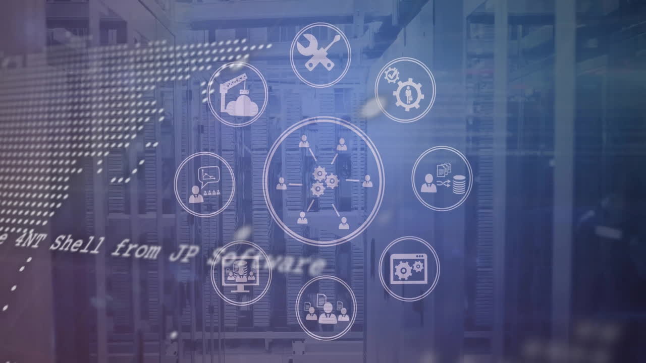 Animation of business media icons over world map and processing data