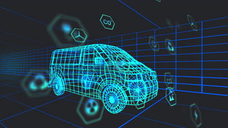 animación de múltiples iconos digitales sobre un modelo de furgoneta 3d que se mueve en un patrón sin costuras en un túnel