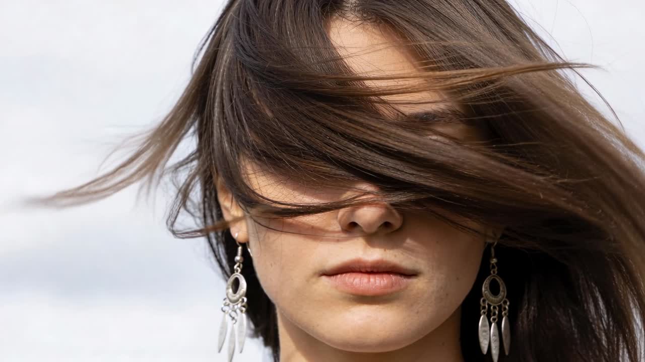 Wind blowing hair right to left, strands covering face then revealing left eye, earrings swaying