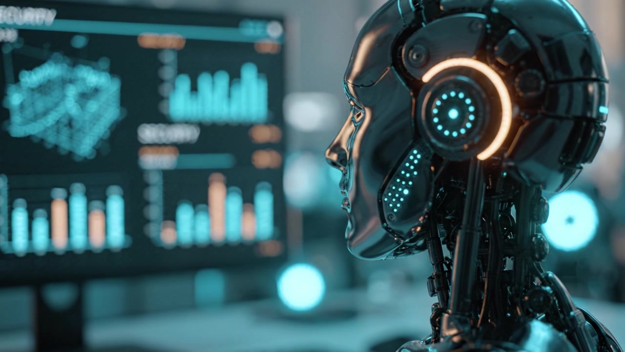 Futuristic robotic figure observing data analytics on digital screens, showcasing the intersection of technology, AI, and human-like capabilities in a modern workspace.
