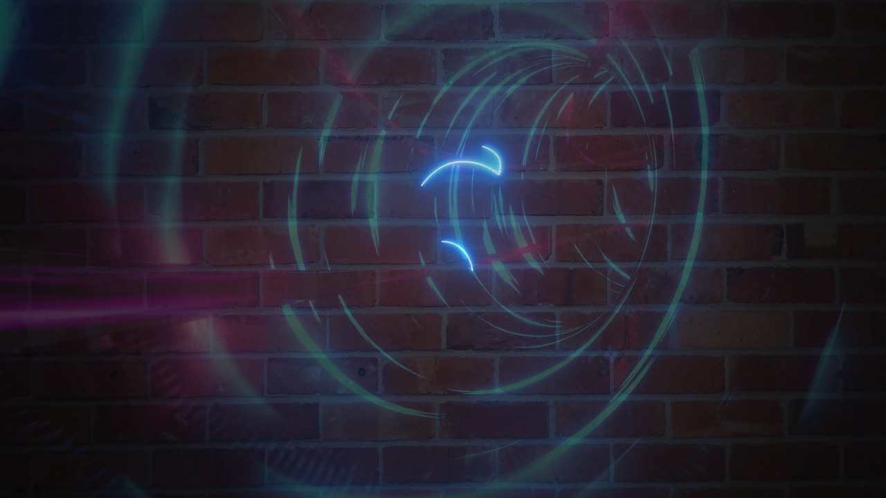 Creating circular designs, neon blue light patterns on brick wall background