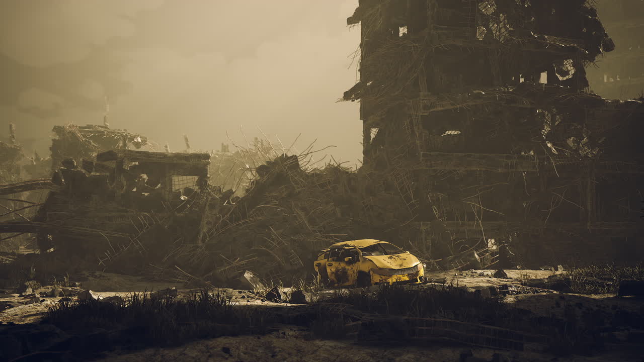 Paesaggio urbano desolato con un'auto gialla tra i rottami.
