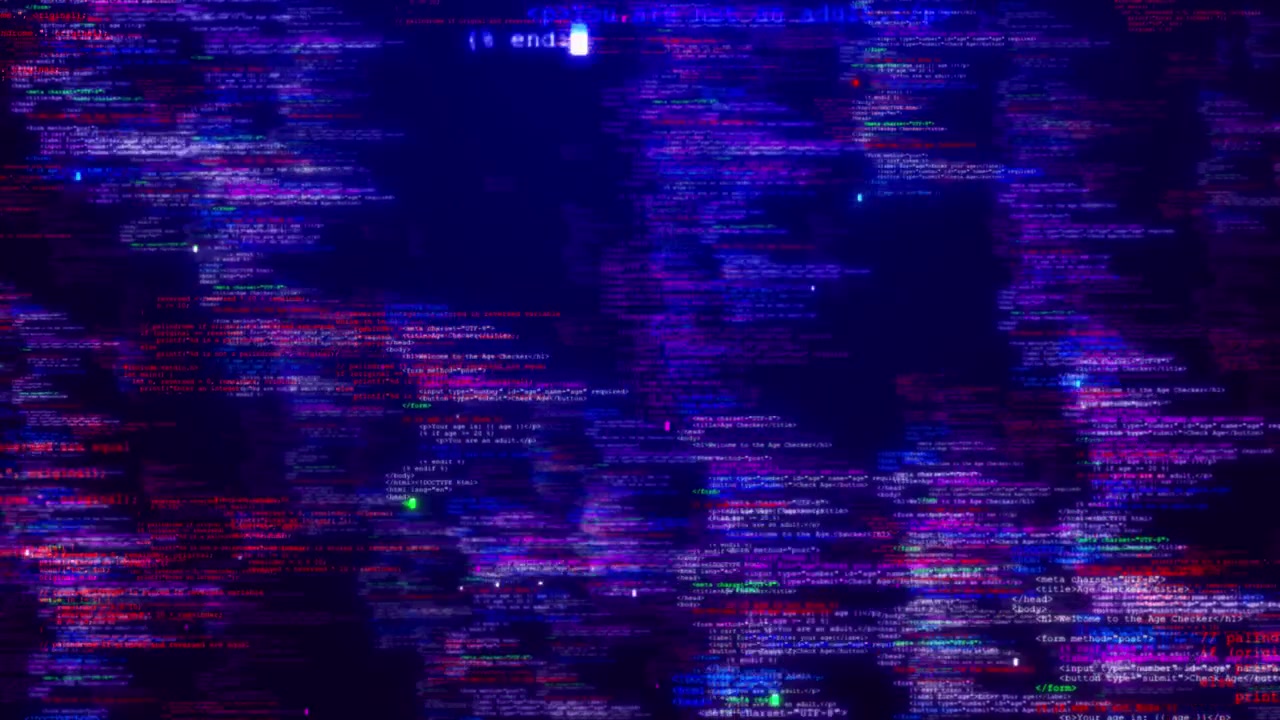 Lila digitales Programmiercode-Visual mit unscharfen Syntax-Ebenen, leuchtendem Web-Text und farbenfrohen Elementen.