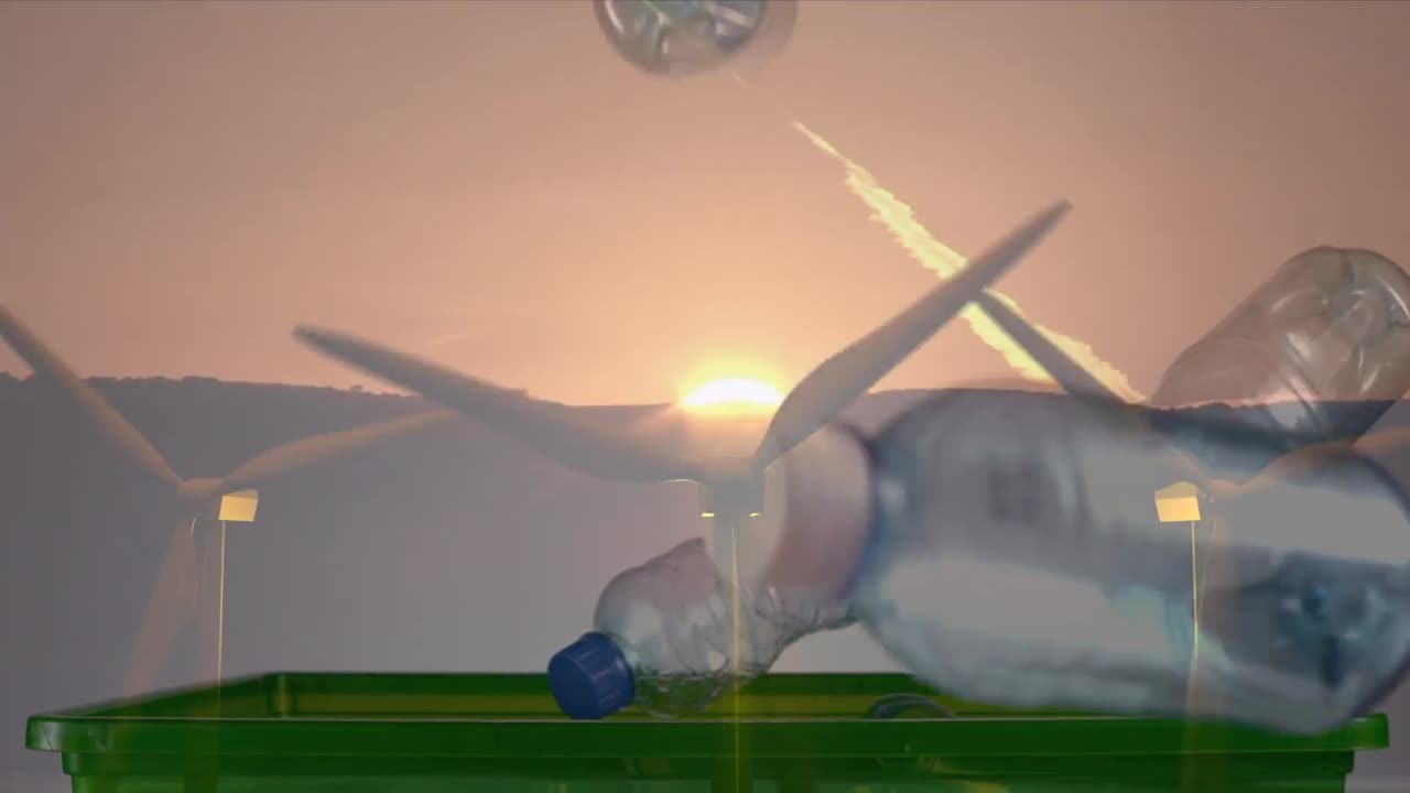 플라스틱 상자 와 풍력 터빈 과 함께 녹색 재활용 표지판 상자 의 애니메이션