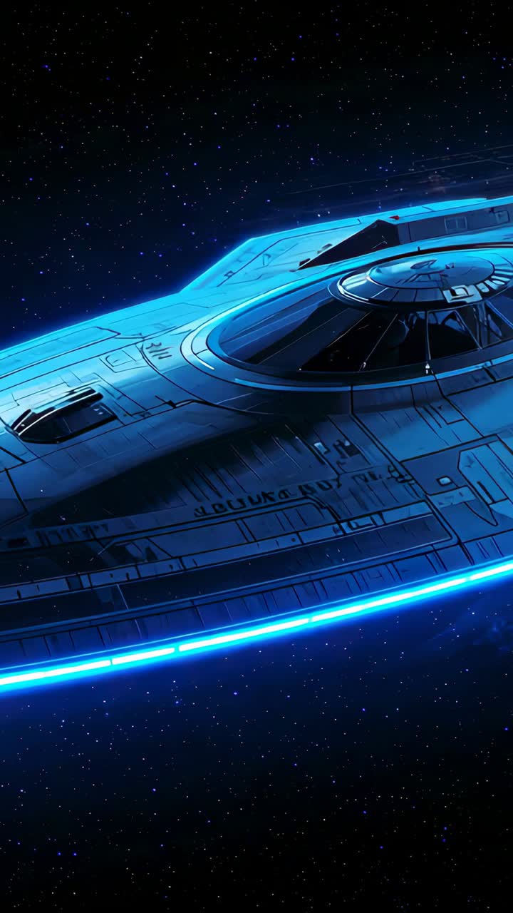 Vertical video: Panning camera revealing disc ship cruising starfield to show blue rim hull panels