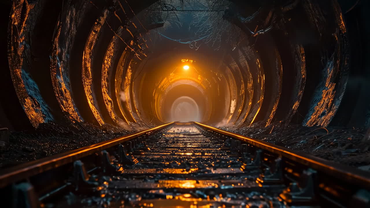 Light illuminating the dark train tunnel. A glowing underground tunnel with rusty tracks stretches into the distance, evoking a mysterious vibe