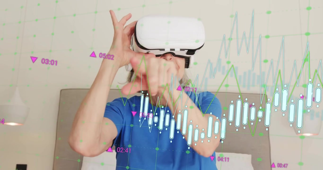 Older woman placing VR headset on face, navigating animated finance charts and analyzing trends