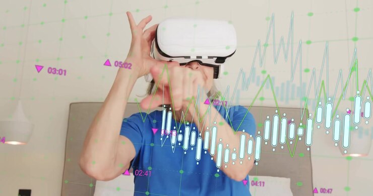 Donna anziana che indossa un visore VR, navigando tra grafici finanziari animati e analizzando le tendenze.