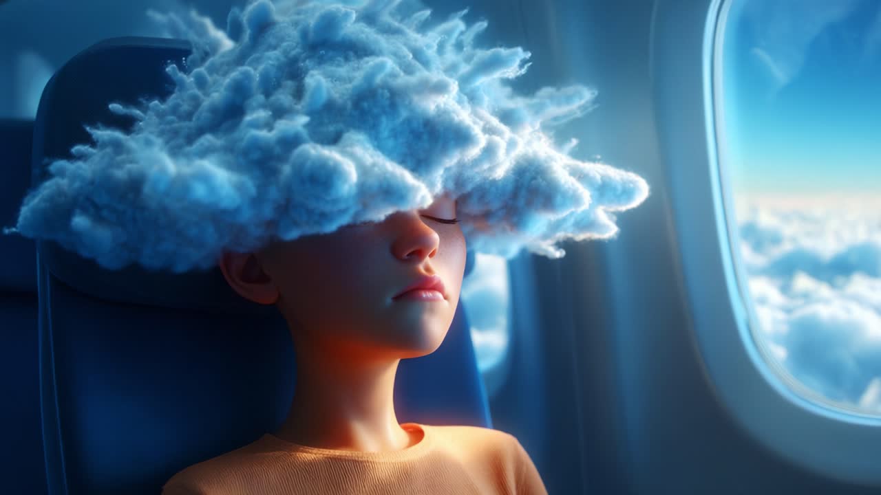 A Dreamy Journey: A Child Imagines Clouds While Traveling on an Airplane, Capturing the Essence of Imagination and Wonder in the Skies Above the World