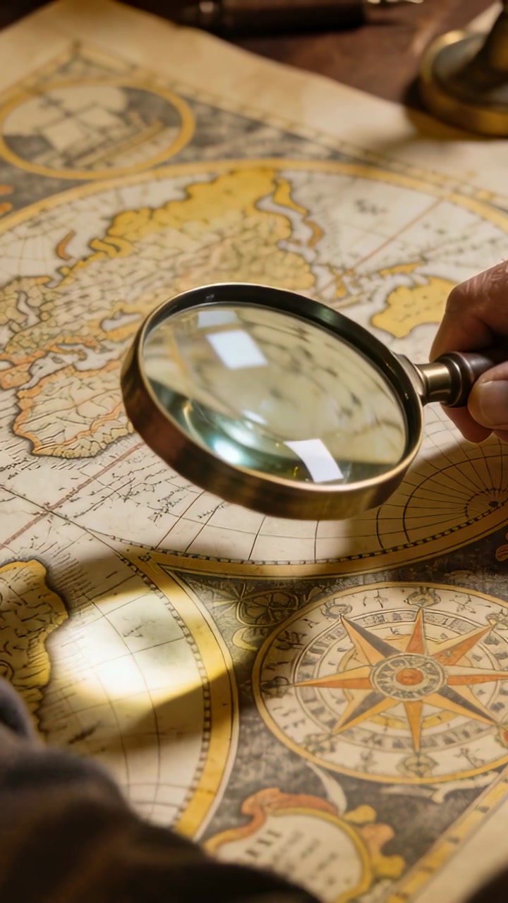 Moving right hand in dark sleeve holding brass lens over antique world map, revealing compass rose