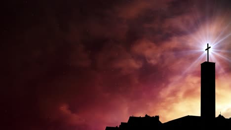 bright light on the cross pillar against the backdrop of sunrise or sunset clouds