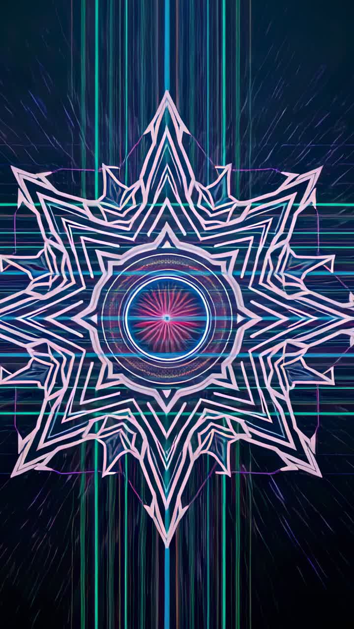 Vertical video: Neon mandala star pulsing on start in digital space, with glowing circle and lines