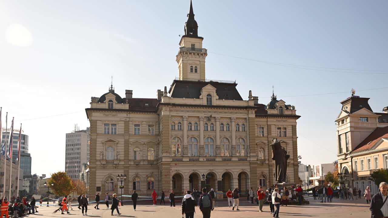 Novi Sad Town hall building after protest over fatal rail station awning collapse.