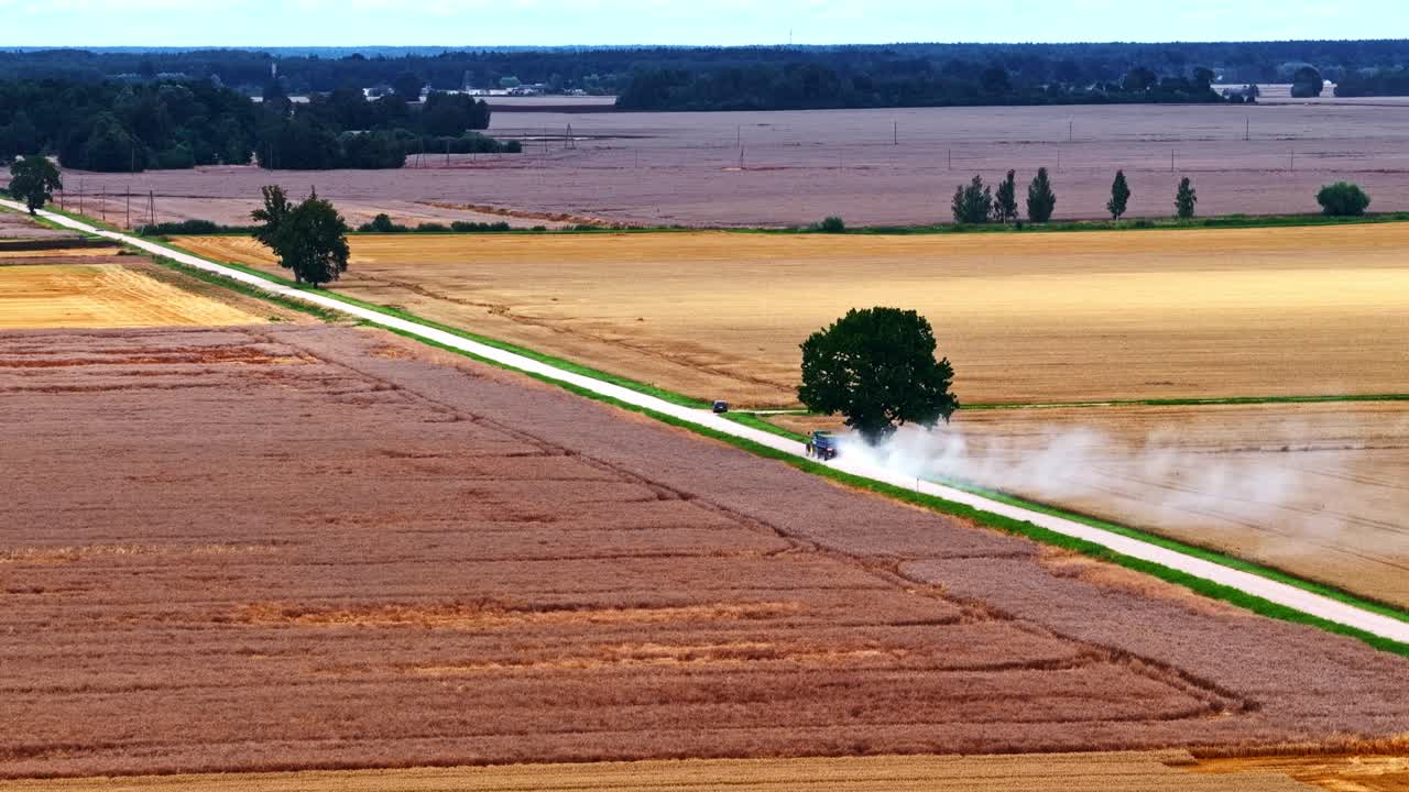 Car speeds down rural road, creating dust in tranquil countryside view