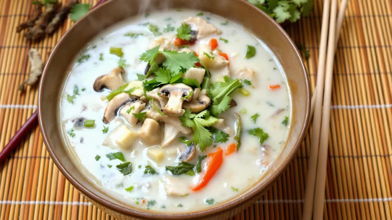 Cận cảnh bát súp Tom Kha Gai bốc khói, với thịt gà, nấm và rau mùi tươi, được phục vụ trên chiếu tre cùng đũa
