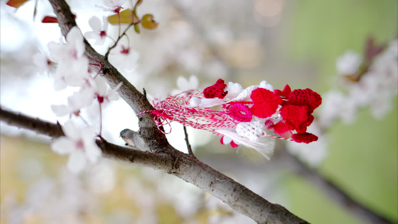 A martisor hanging on a tree branch with blooming flowers. Verical
