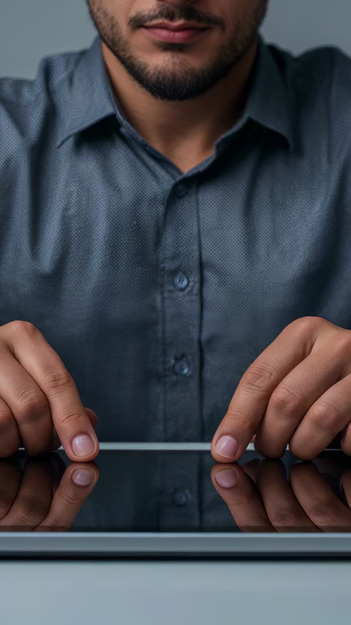 Vertical video: Touching white strip, man in blue shirt aligning it on glass table to tablet edge