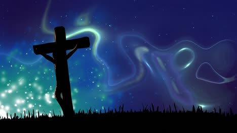 animation of christian cross over sky with northern lights