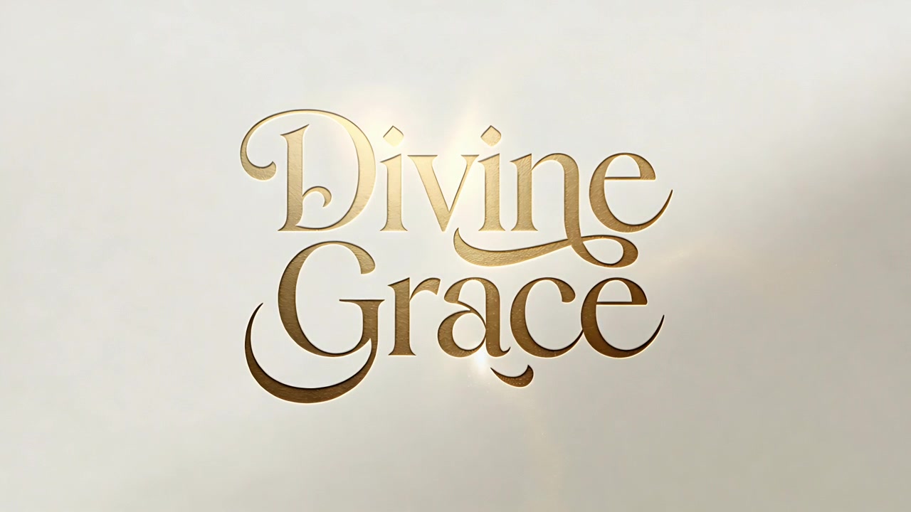 Halo brightening revealing gold Divine Grace logo in studio, bevel, right streak for title