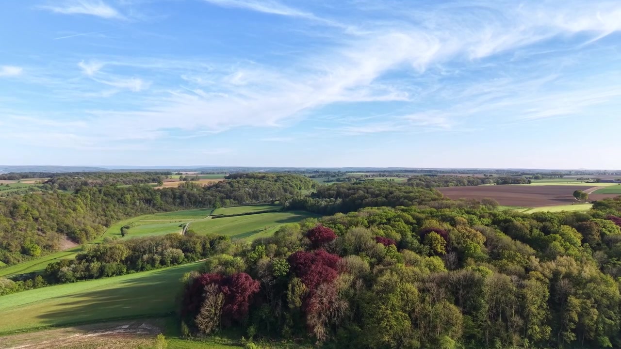 Aerial footage over agricultural land on a sunny day in Limburg province of the Netherlands