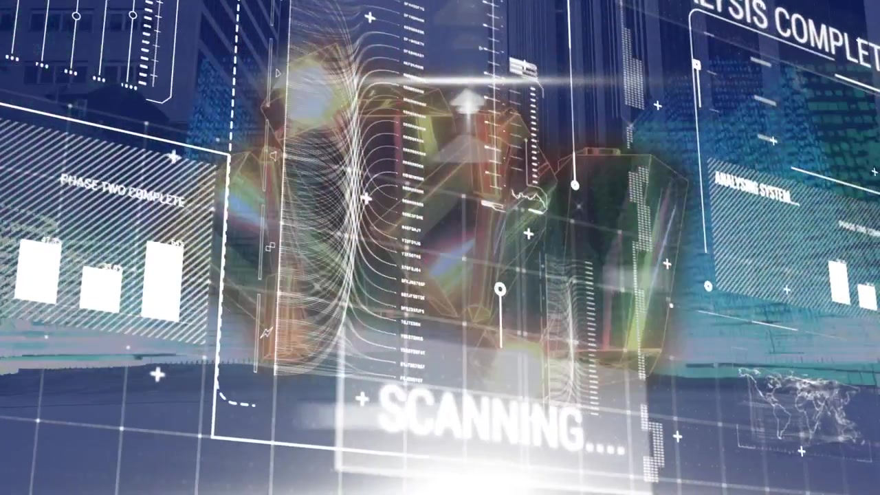Digital Data Analysis Interface Overlaid on Abstract Cityscape