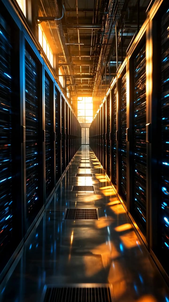 La telecamera si muove lungo uno stretto corridoio di un data center tra rack di server scuri, mentre l'illuminazione calda dall'alto si riflette sui pavimenti e sulle apparecchiature, mostrando un'architettura simmetrica e una luminosa illuminazione distante.