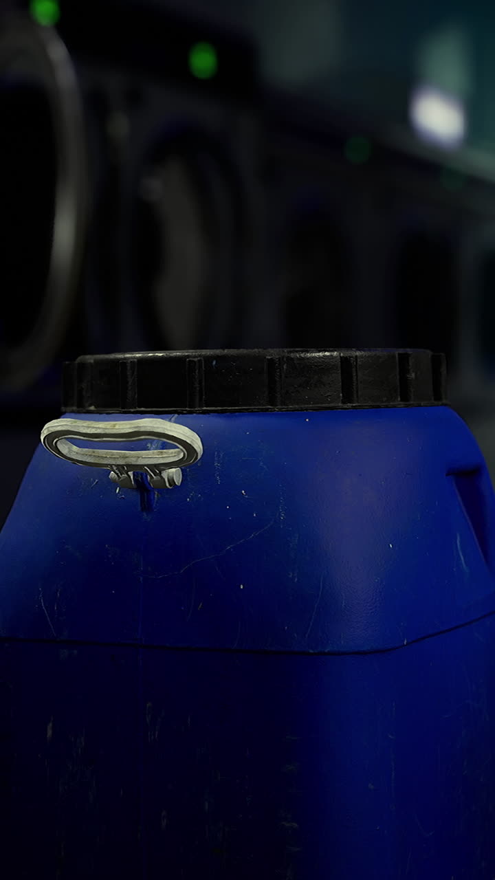 Blue container in a laundromat with washing machines in the background