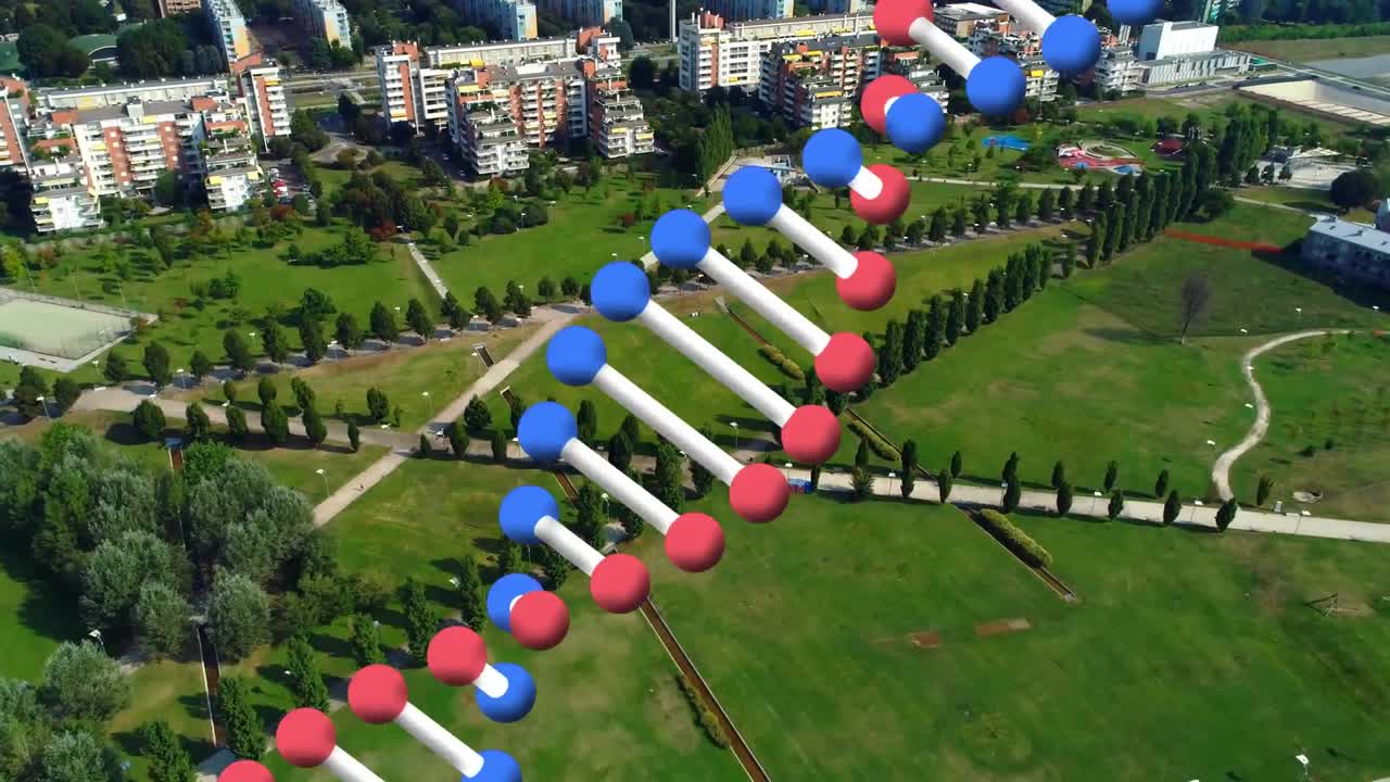 dna 구조의 디지털 구성은 도시 풍경의 공중 전망에 대해 회전합니다.