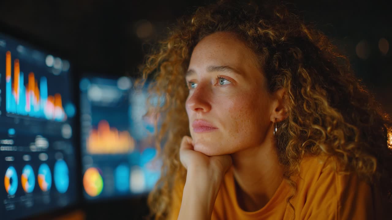 Un profesional reflexivo dedicado al análisis de datos, contemplando información valiosa a partir de gráficos y tendencias digitales en varios monitores en un espacio de trabajo con poca luz