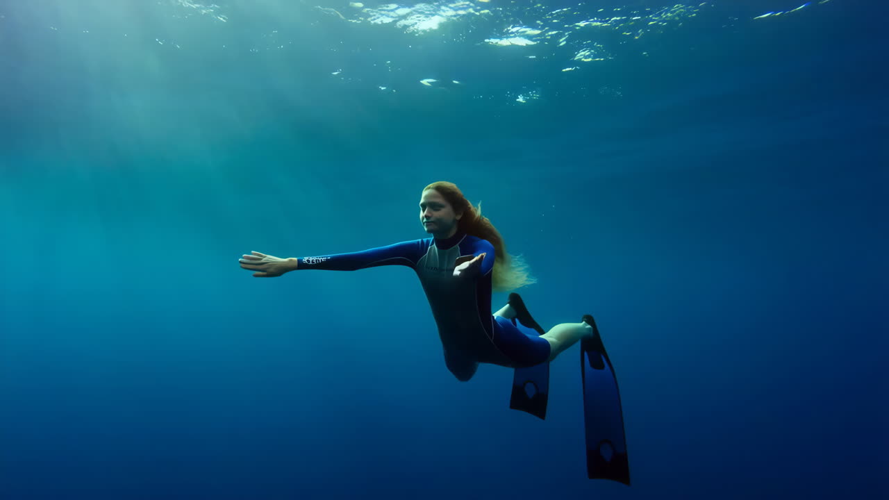 Underwater freediving with a woman in blue ocean