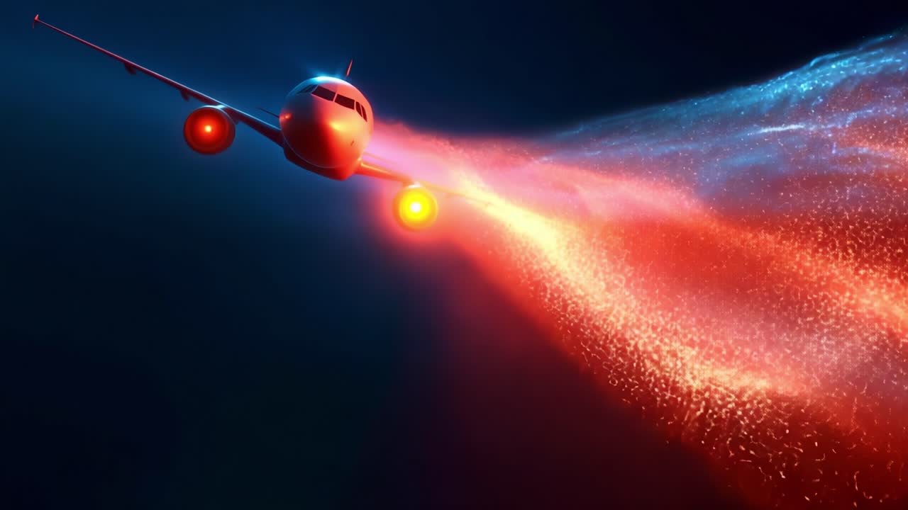 A stunning visual of an aircraft soaring through a digital sky, creating vibrant trails of light and color that evoke a sense of speed, technology, and innovation in aviation