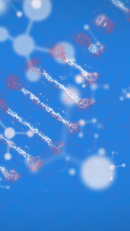 animation of dna strand spinning and molecules on blue background