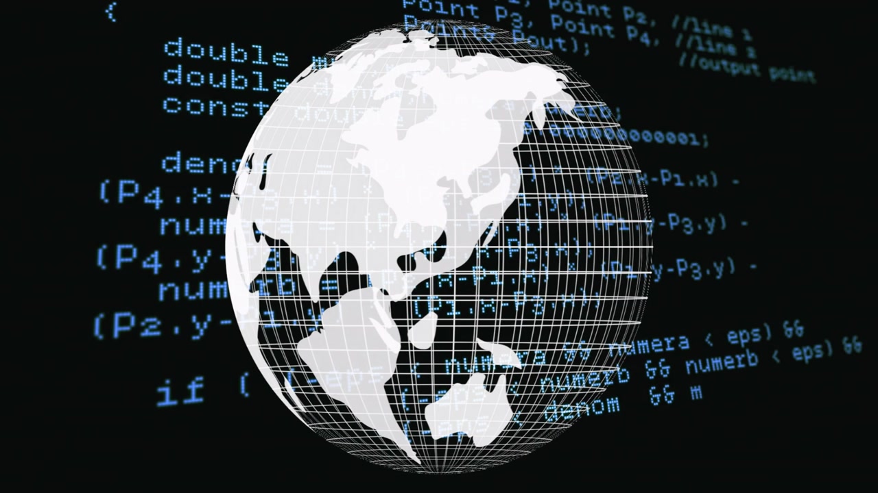 On load white globe rotating eastward, showing continents with blue code scrolling visualizing data
