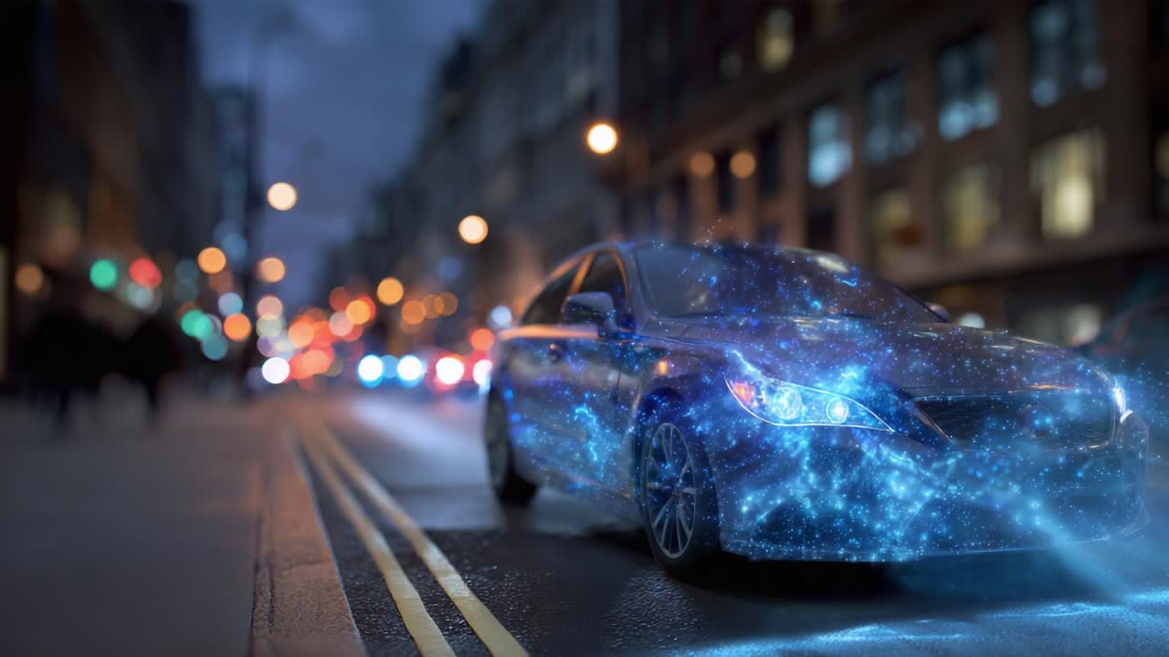 Un veicolo futuristico illuminato da brillanti scintille blu sfreccia per le affollate vie della città, fondendo tecnologia e magia in una scena notturna di vita urbana